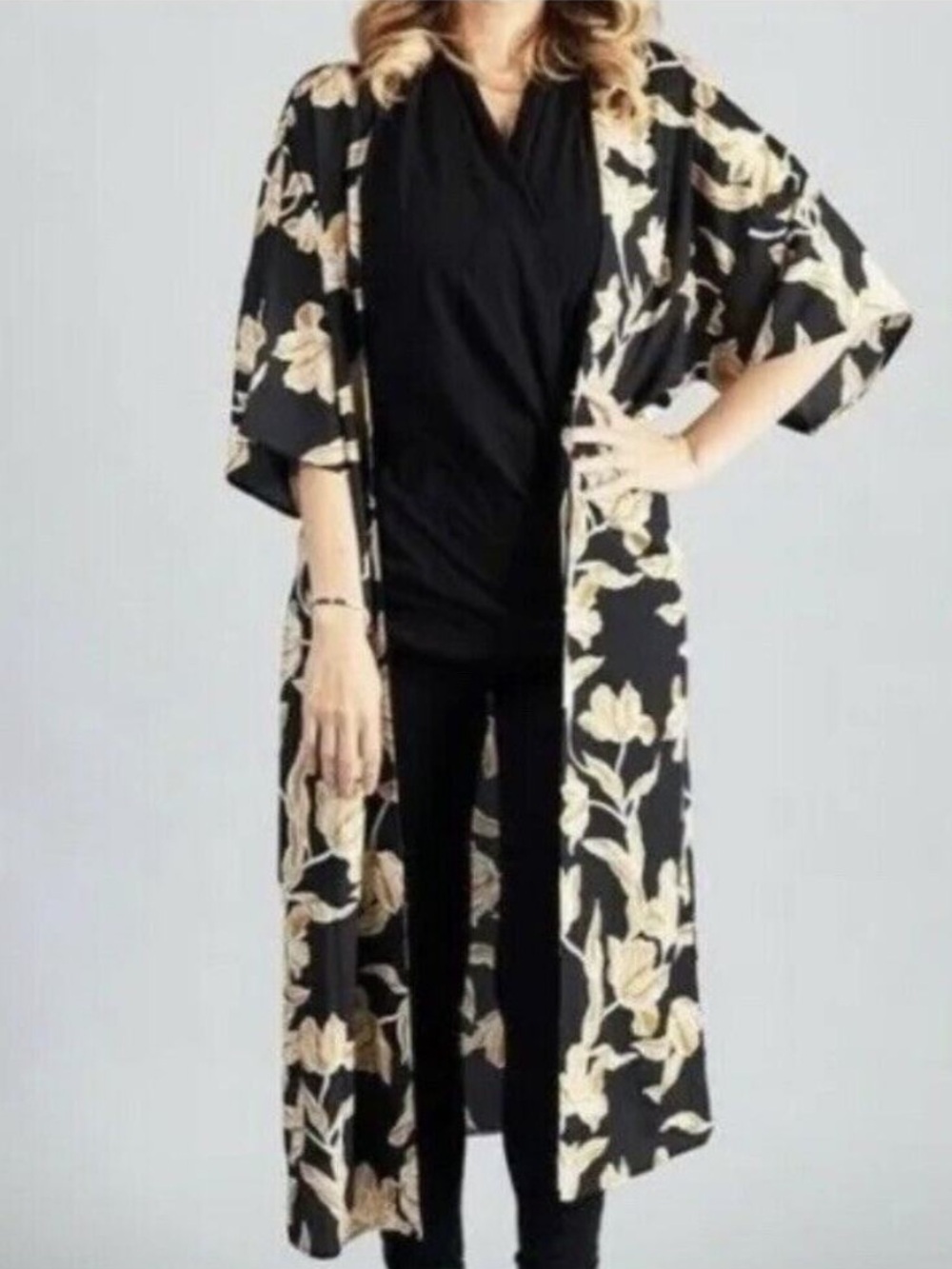 Maison Du Soir Black Floral Selena Kimono Robe sz L/XL
